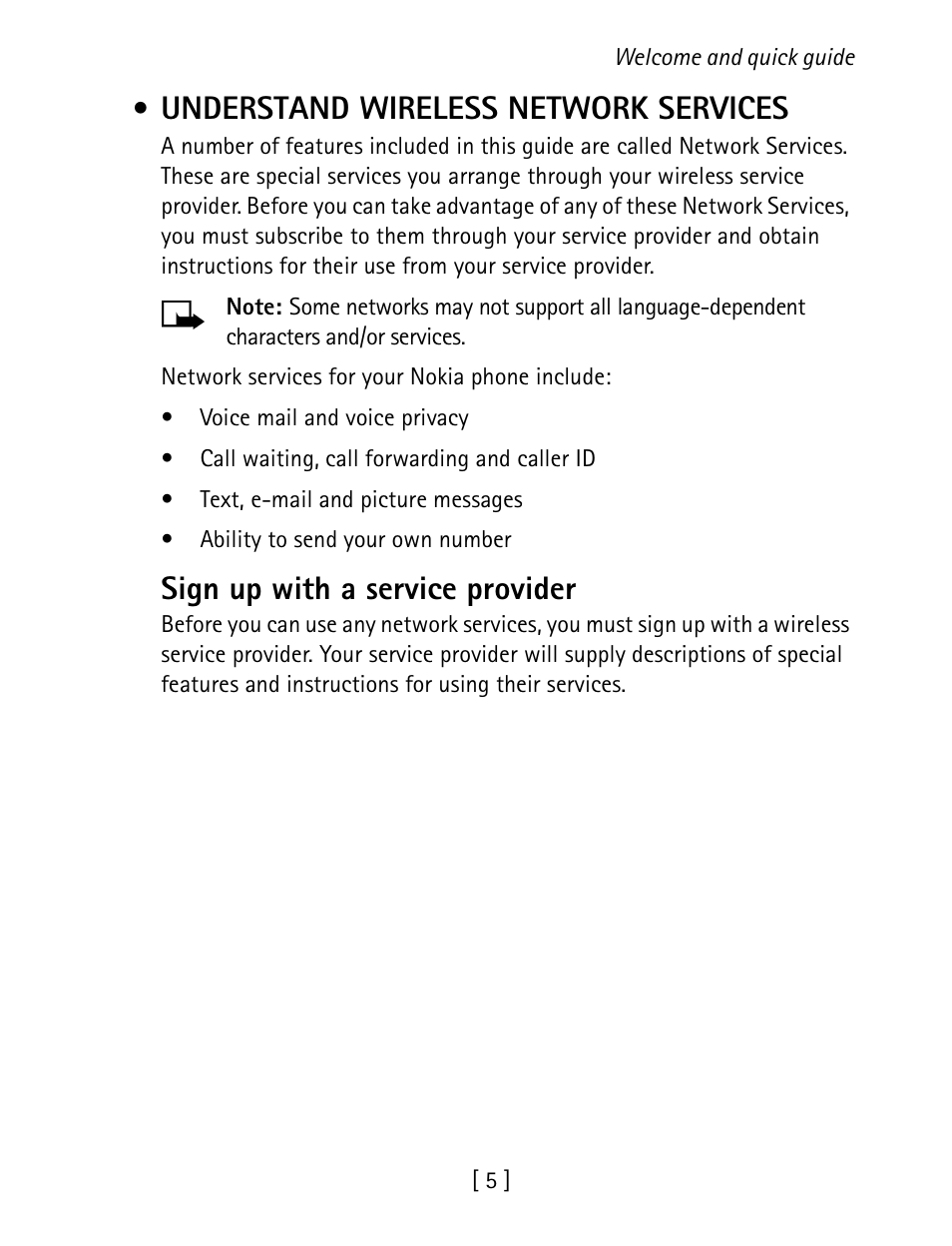 Understand wireless network services, Sign up with a service provider | Nokia 1260 User Manual | Page 12 / 129