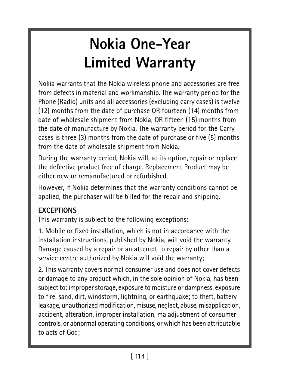 Nokia one-year limited warranty | Nokia 1260 User Manual | Page 121 / 129