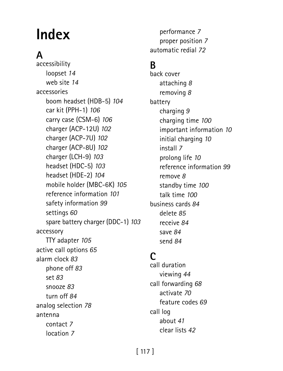 Index | Nokia 1260 User Manual | Page 124 / 129