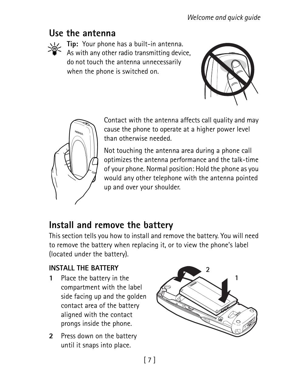 Use the antenna, Install and remove the battery | Nokia 1260 User Manual | Page 14 / 129