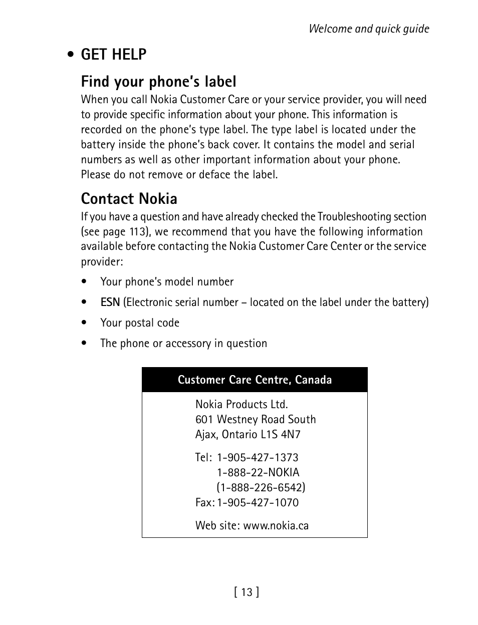 Get help, Get help find your phone’s label, Contact nokia | Nokia 1260 User Manual | Page 20 / 129