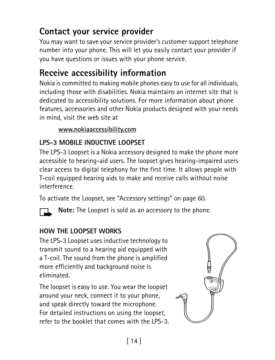 Contact your service provider, Receive accessibility information | Nokia 1260 User Manual | Page 21 / 129