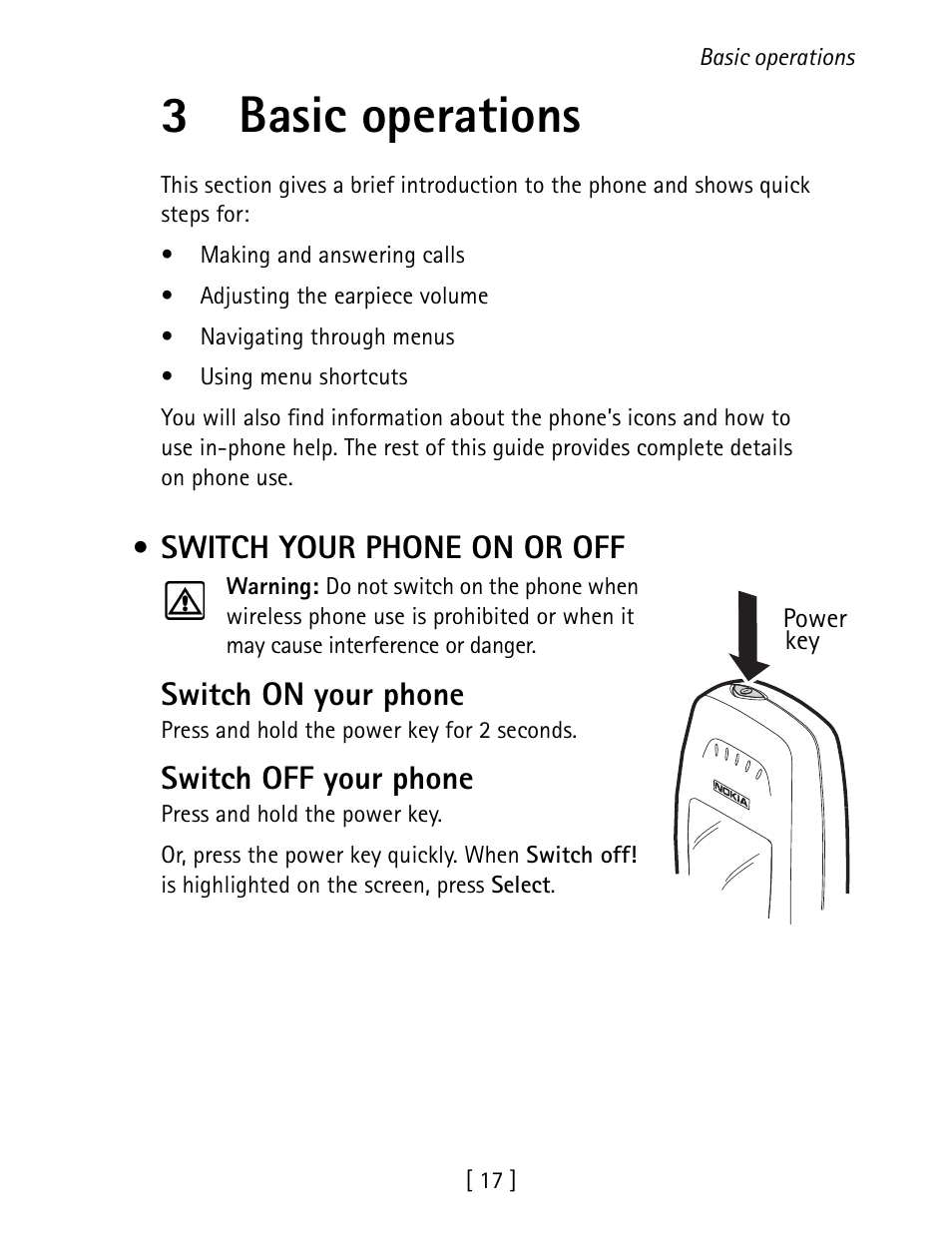 3 basic operations, Switch your phone on or off, 3basic operations | Switch on your phone, Switch off your phone | Nokia 1260 User Manual | Page 24 / 129