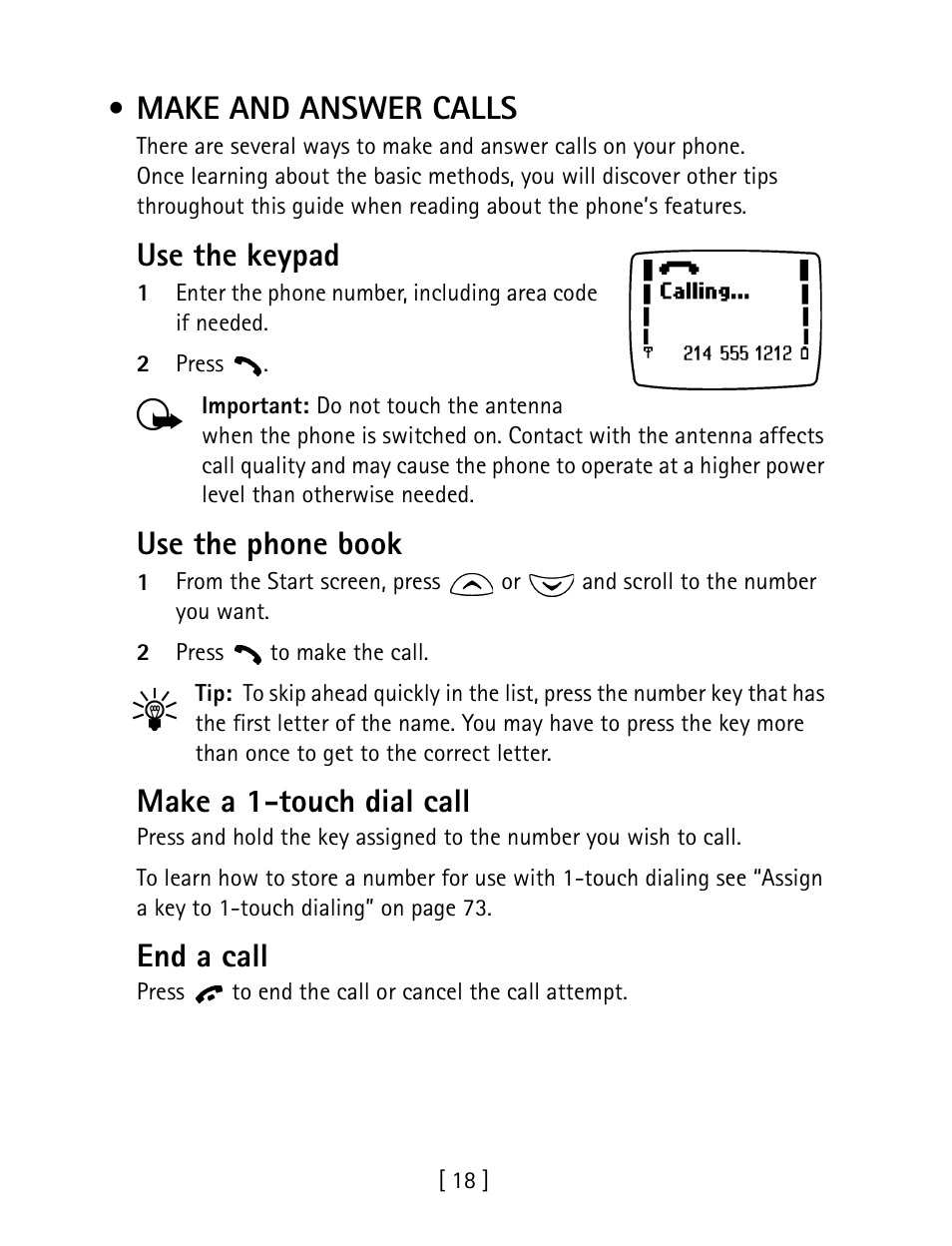 Make and answer calls, Use the keypad, Use the phone book | Make a 1-touch dial call, End a call | Nokia 1260 User Manual | Page 25 / 129