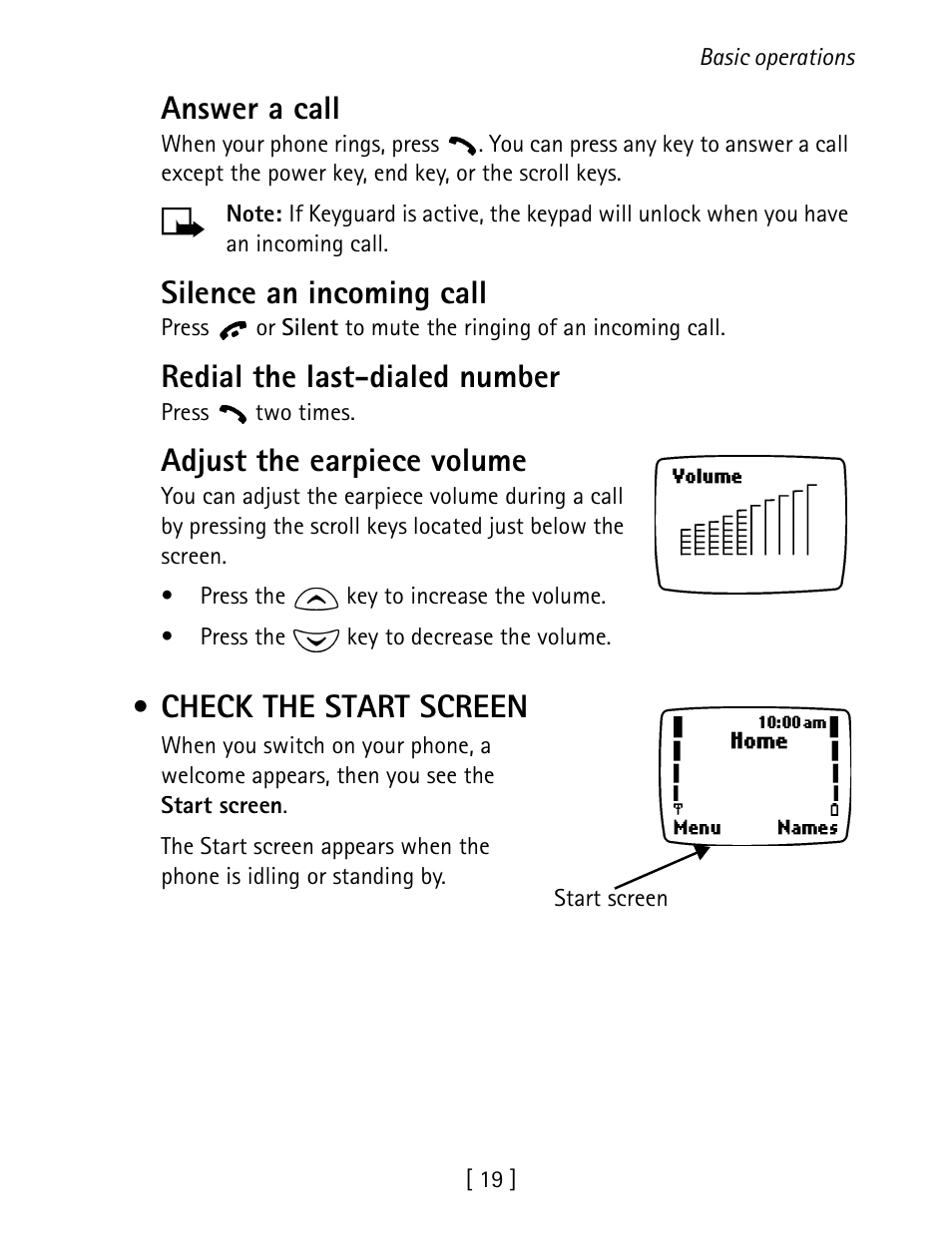 Check the start screen, Answer a call, Silence an incoming call | Redial the last-dialed number, Adjust the earpiece volume | Nokia 1260 User Manual | Page 26 / 129