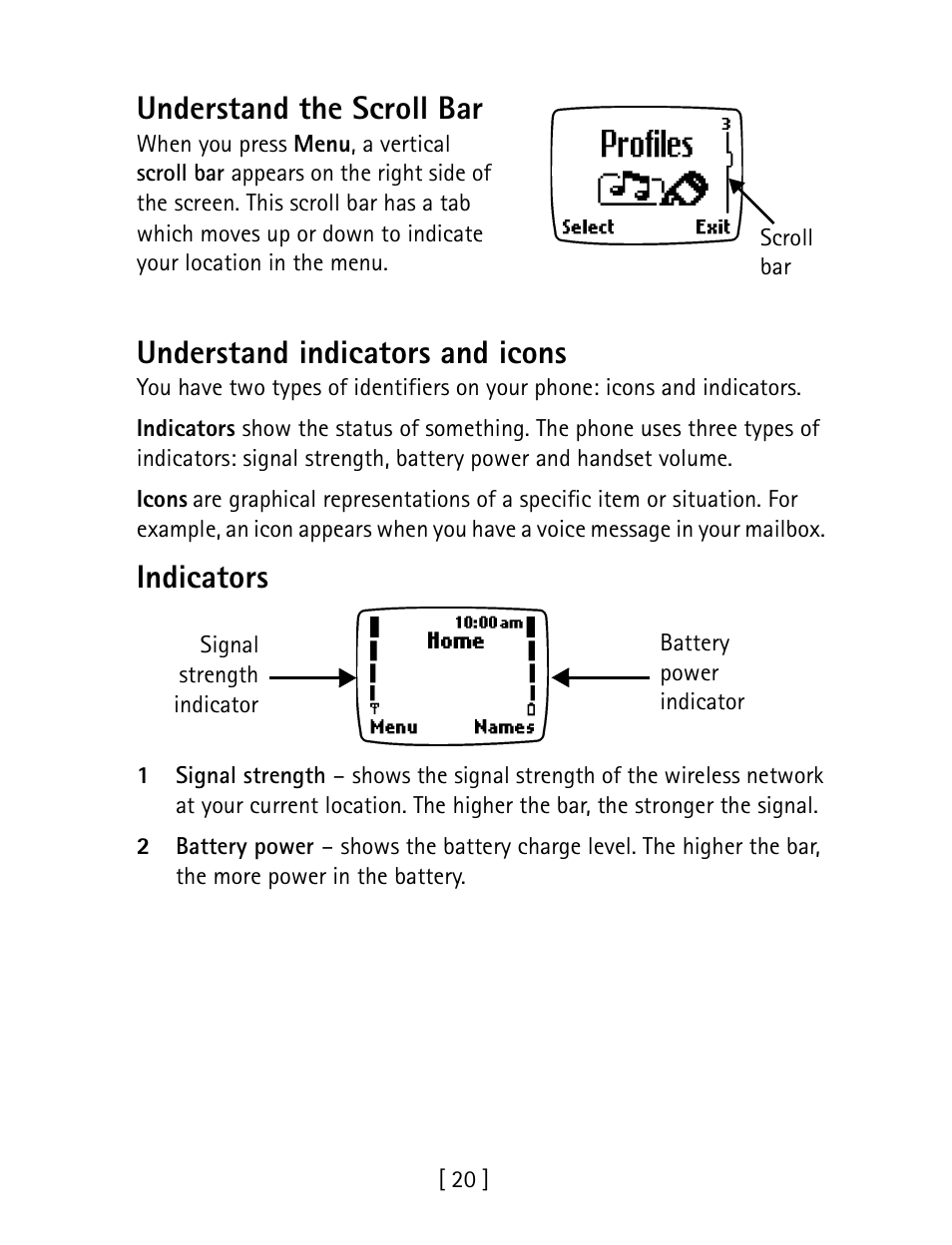 Understand the scroll bar, Understand indicators and icons, Indicators | Nokia 1260 User Manual | Page 27 / 129