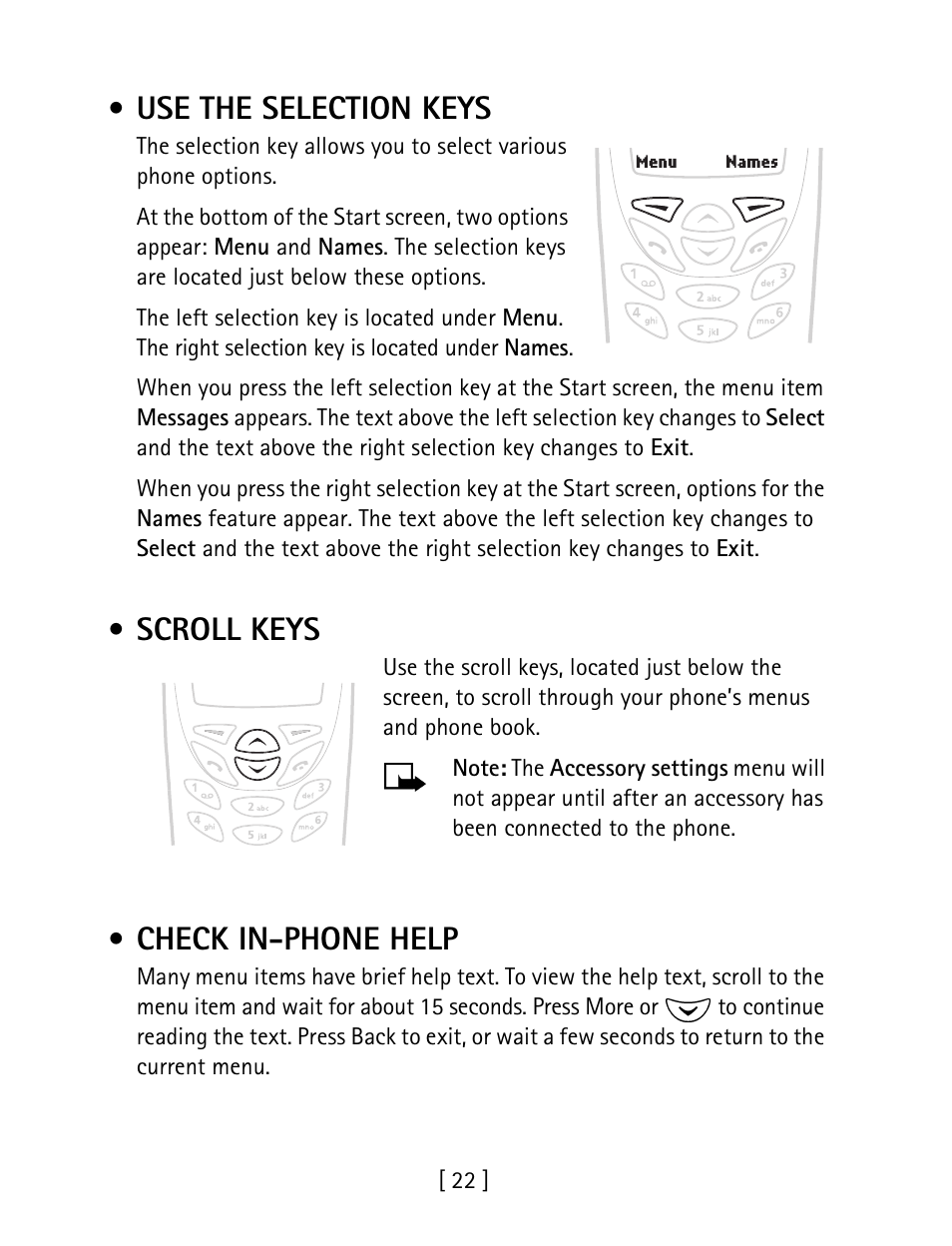 Use the selection keys, Scroll keys, Check in-phone help | Nokia 1260 User Manual | Page 29 / 129