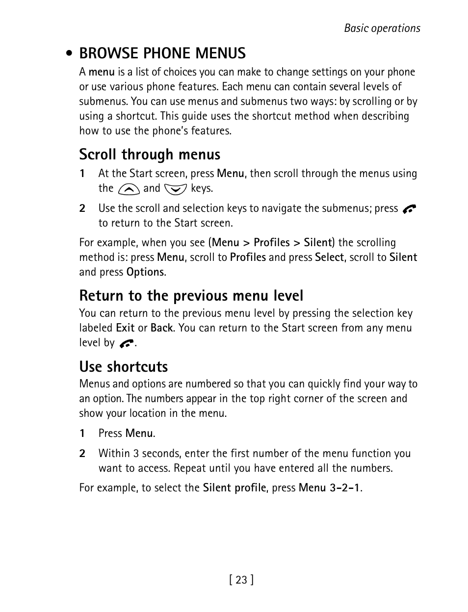 Browse phone menus, Scroll through menus, Return to the previous menu level | Use shortcuts | Nokia 1260 User Manual | Page 30 / 129