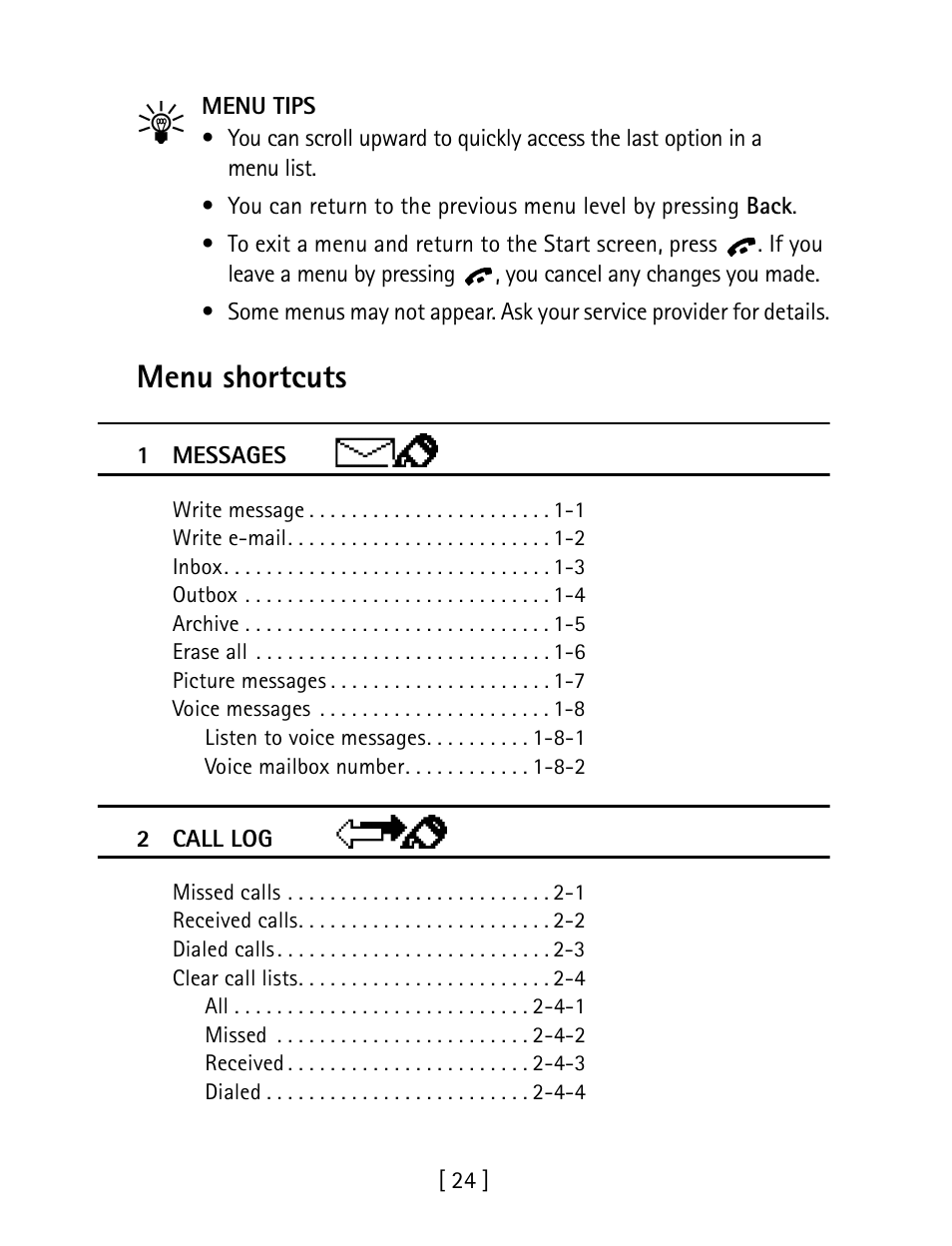 Menu shortcuts | Nokia 1260 User Manual | Page 31 / 129