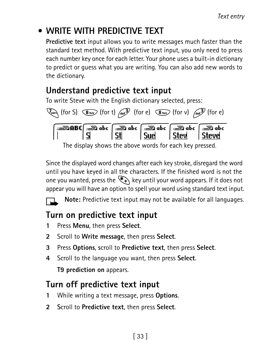 Write with predictive text, Understand predictive text input, Turn on predictive text input | Turn off predictive text input | Nokia 1260 User Manual | Page 40 / 129