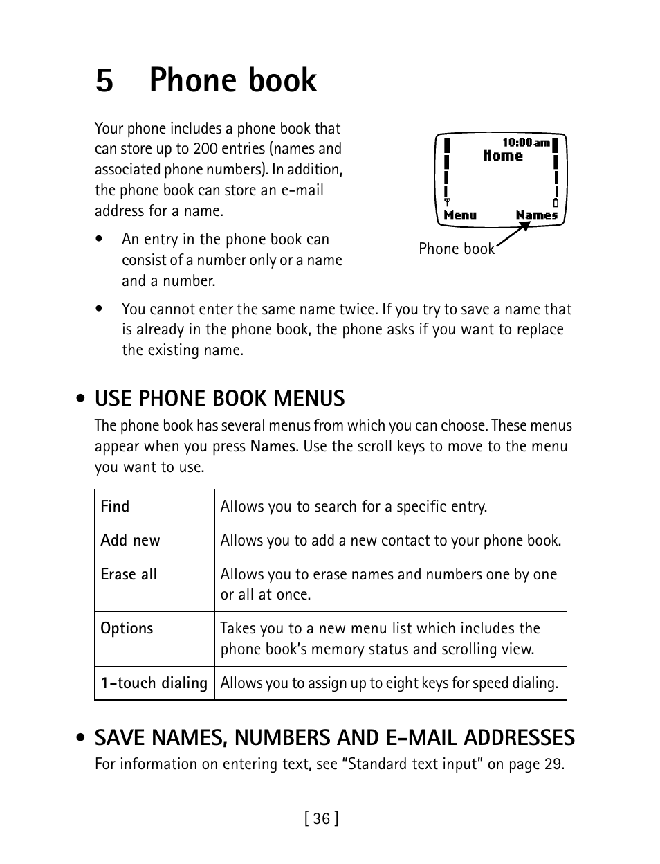 5 phone book, Use phone book menus, Save names, numbers and e-mail addresses | 5phone book | Nokia 1260 User Manual | Page 43 / 129