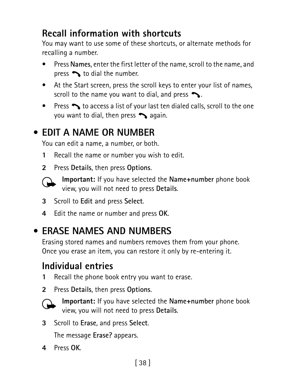 Edit a name or number, Erase names and numbers, Recall information with shortcuts | Individual entries | Nokia 1260 User Manual | Page 45 / 129