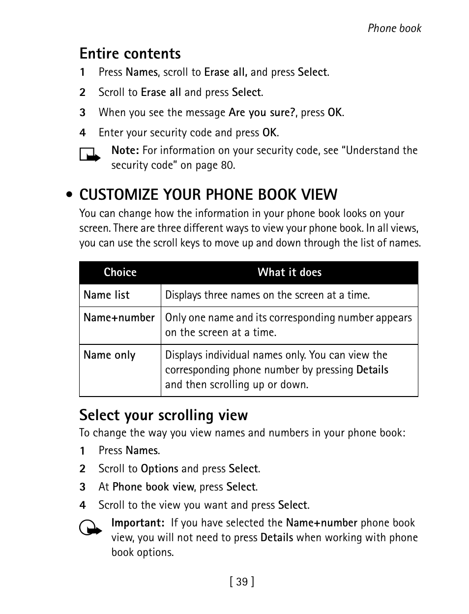 Customize your phone book view, Entire contents, Select your scrolling view | Nokia 1260 User Manual | Page 46 / 129