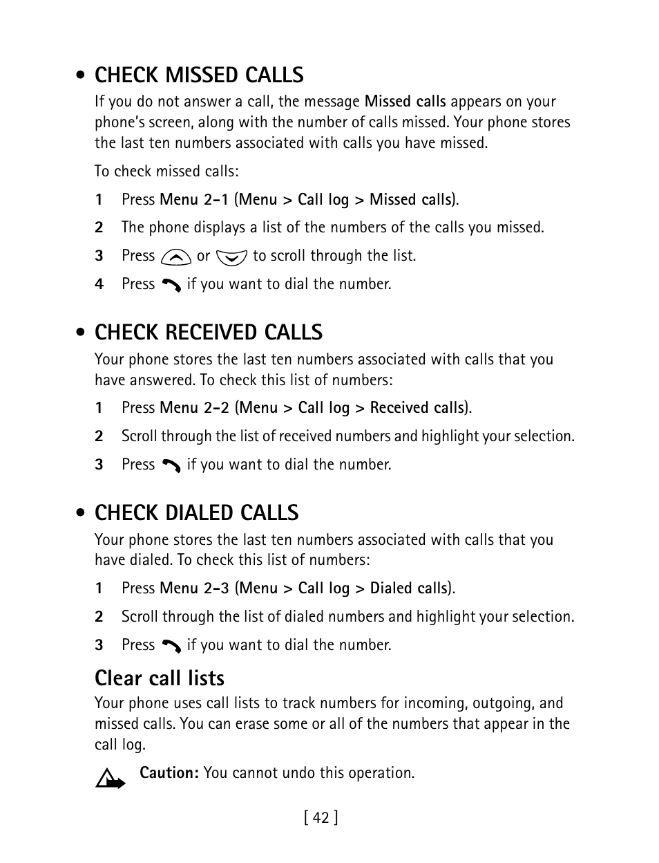 Check missed calls, Check received calls, Check dialed calls | Clear call lists | Nokia 1260 User Manual | Page 49 / 129