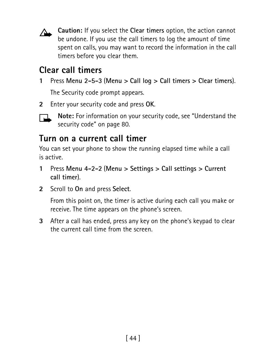 Clear call timers, Turn on a current call timer | Nokia 1260 User Manual | Page 51 / 129