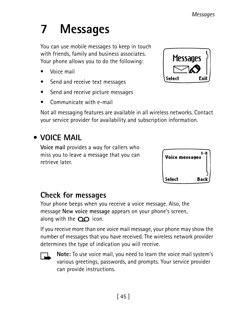 7 messages, Voice mail, 7messages | Check for messages | Nokia 1260 User Manual | Page 52 / 129