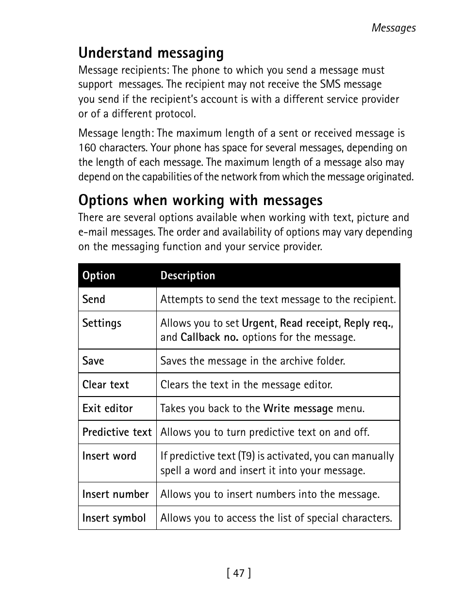 Understand messaging, Options when working with messages | Nokia 1260 User Manual | Page 54 / 129