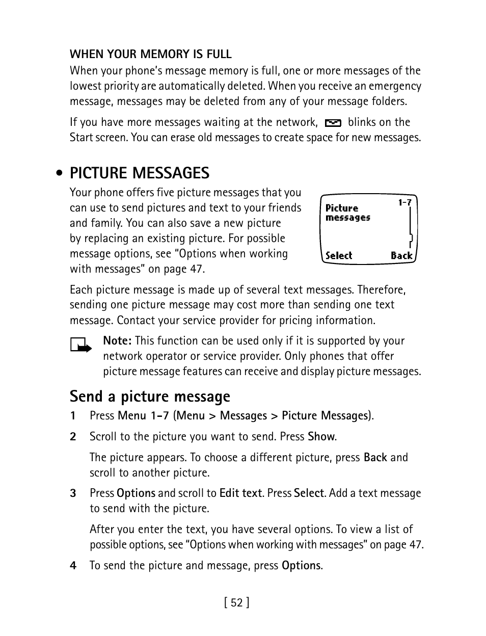 Picture messages, Send a picture message | Nokia 1260 User Manual | Page 59 / 129