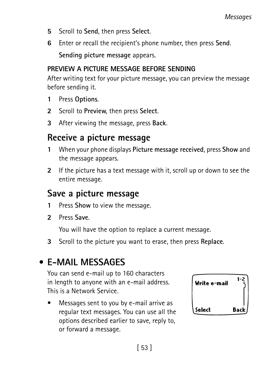 E-mail messages, Receive a picture message, Save a picture message | Nokia 1260 User Manual | Page 60 / 129