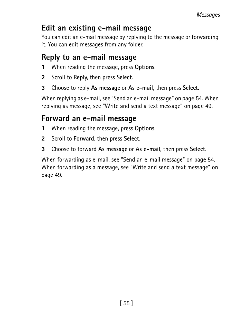 Edit an existing e-mail message, Reply to an e-mail message, Forward an e-mail message | Nokia 1260 User Manual | Page 62 / 129