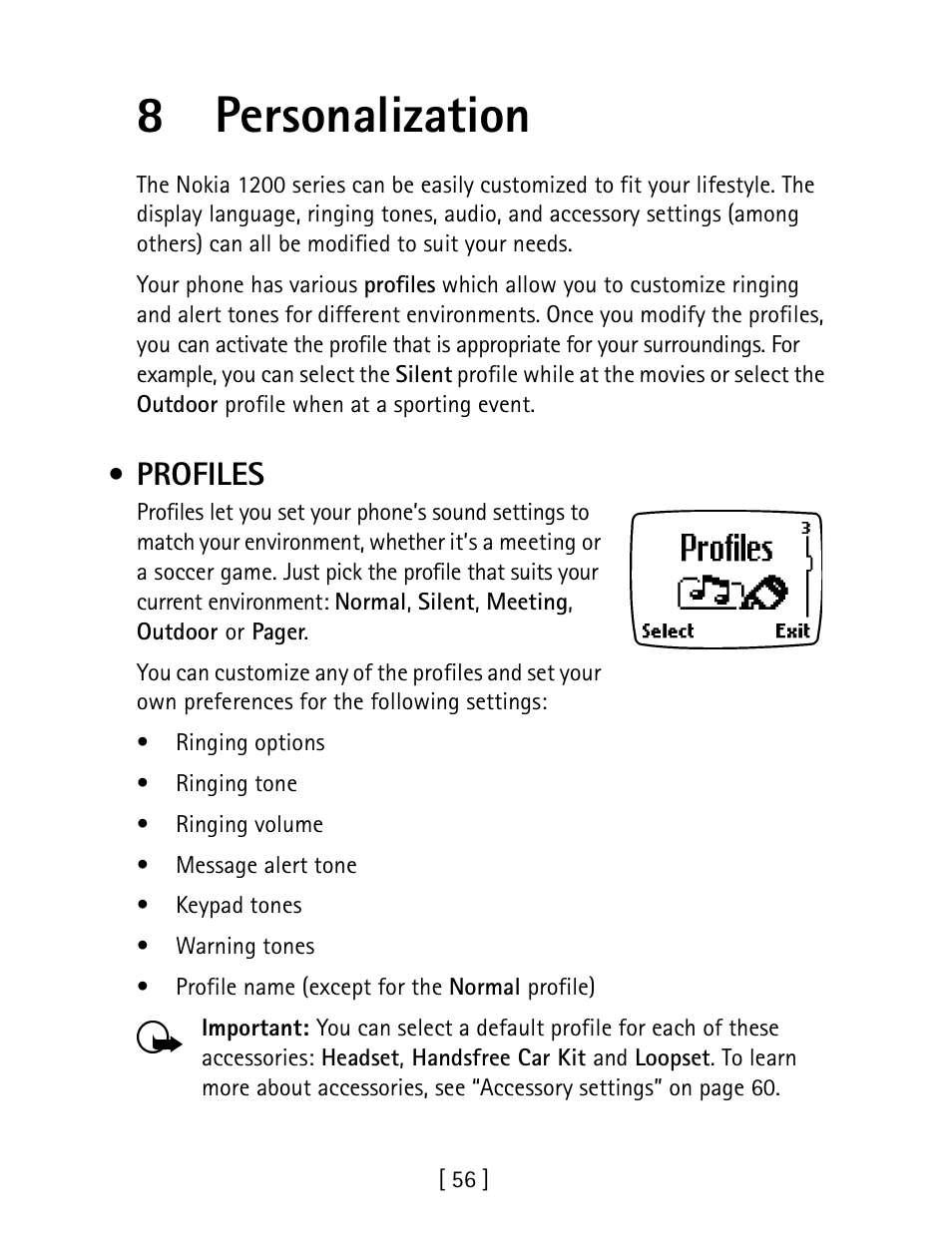 8 personalization, Profiles, 8personalization | Nokia 1260 User Manual | Page 63 / 129