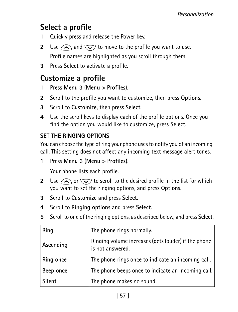 Select a profile, Customize a profile | Nokia 1260 User Manual | Page 64 / 129