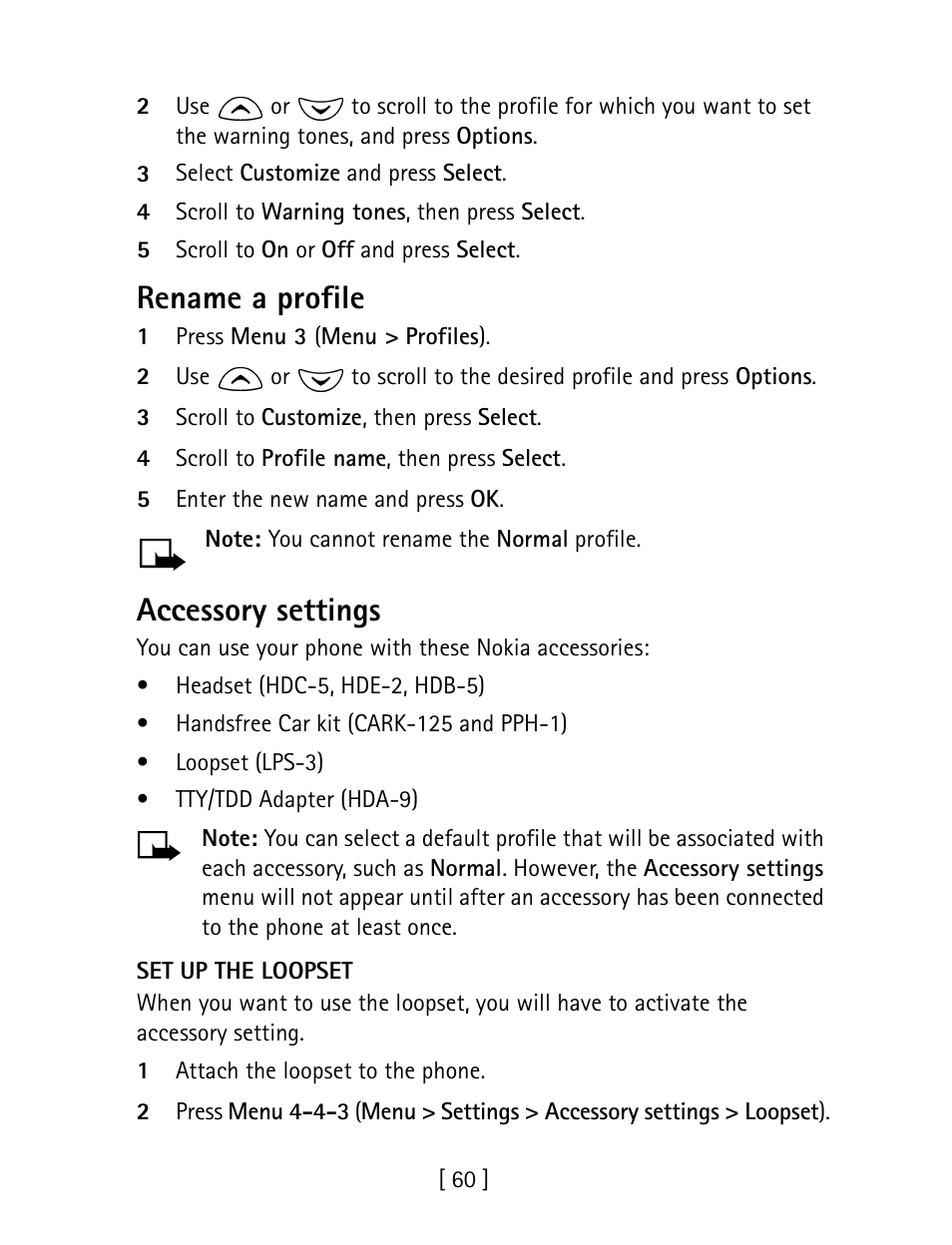 Rename a profile, Accessory settings | Nokia 1260 User Manual | Page 67 / 129