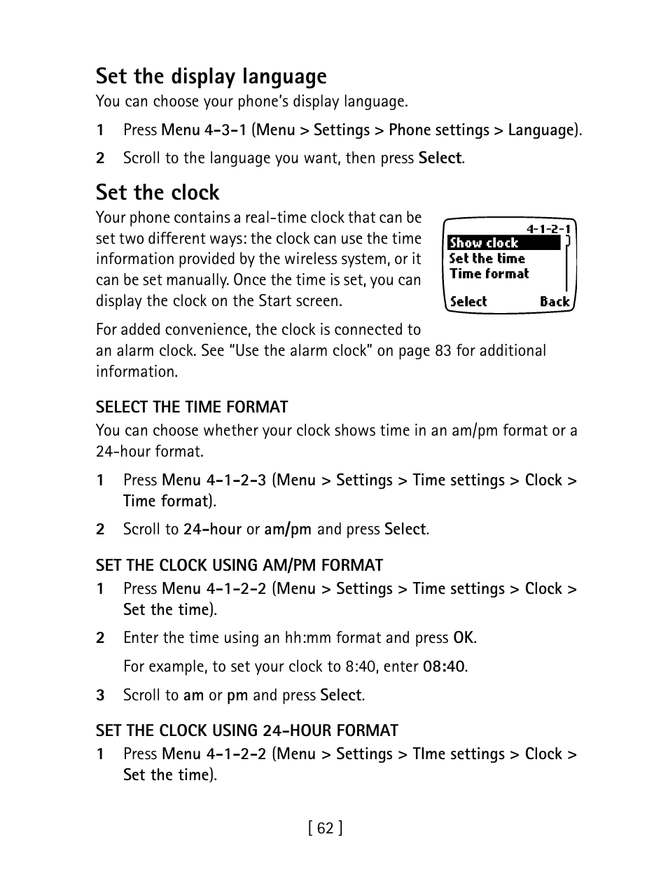 Set the display language, Set the clock | Nokia 1260 User Manual | Page 69 / 129