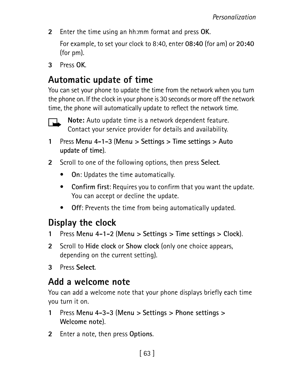 Automatic update of time, Display the clock | Nokia 1260 User Manual | Page 70 / 129