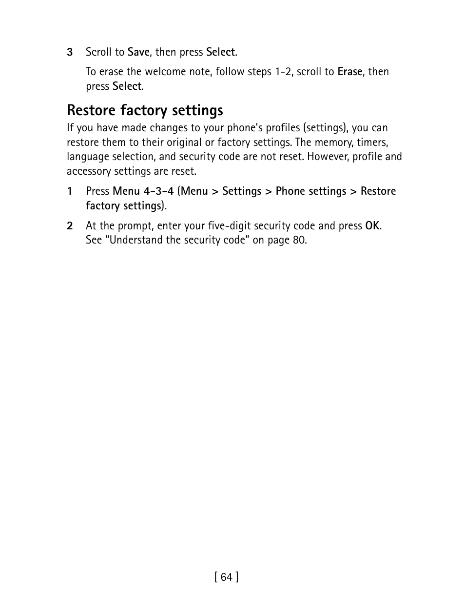 Restore factory settings | Nokia 1260 User Manual | Page 71 / 129