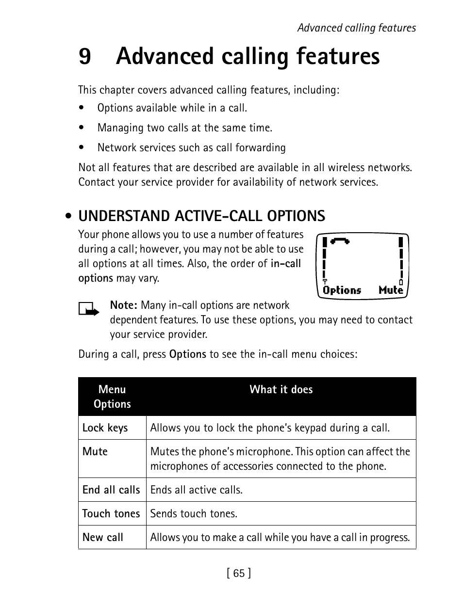 9 advanced calling features, Understand active-call options, 9advanced calling features | Nokia 1260 User Manual | Page 72 / 129