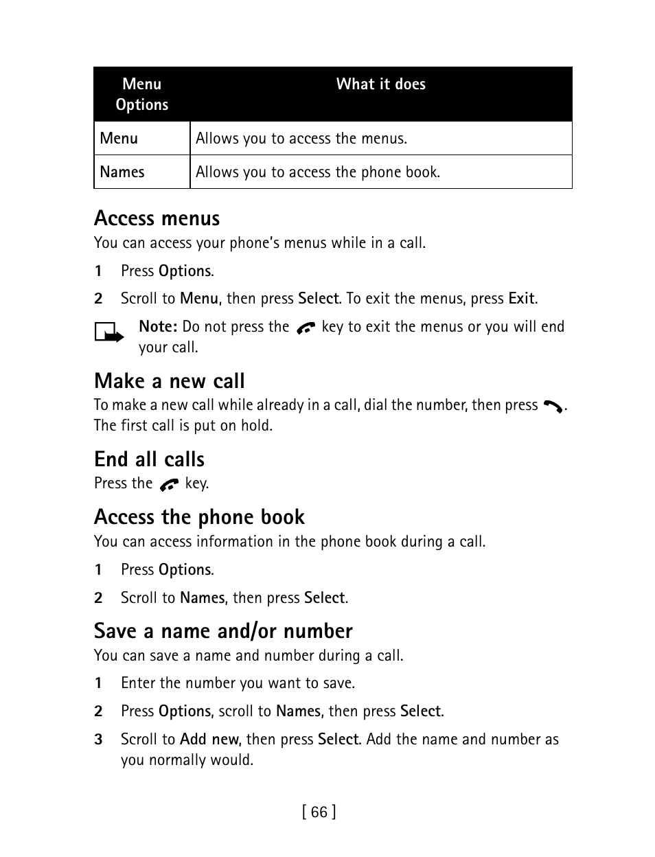 Access menus, Make a new call, End all calls | Access the phone book, Save a name and/or number | Nokia 1260 User Manual | Page 73 / 129