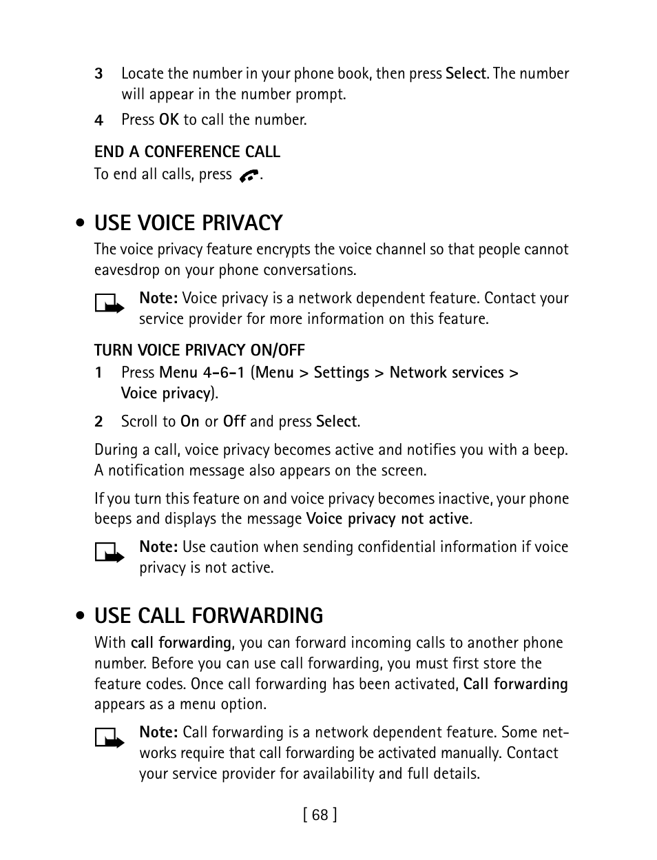 Use voice privacy, Use call forwarding | Nokia 1260 User Manual | Page 75 / 129