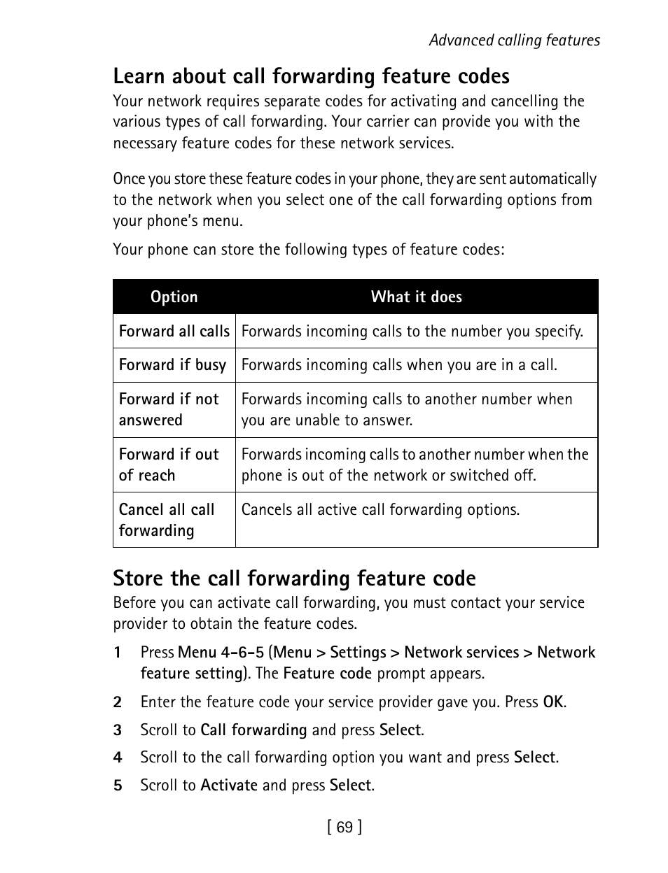 Learn about call forwarding feature codes, Store the call forwarding feature code | Nokia 1260 User Manual | Page 76 / 129