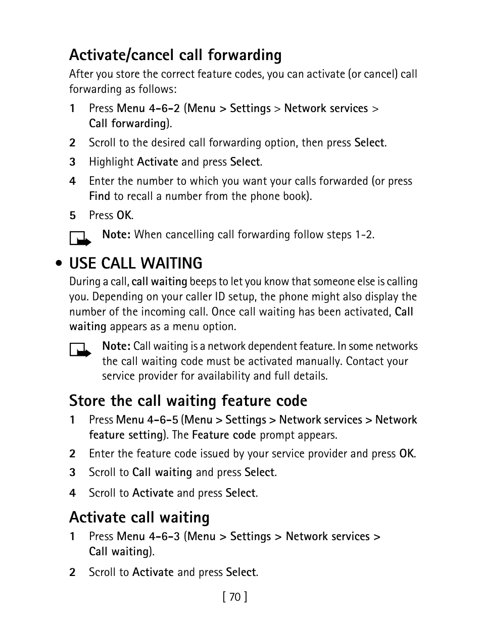 Use call waiting, Activate/cancel call forwarding, Store the call waiting feature code | Activate call waiting | Nokia 1260 User Manual | Page 77 / 129