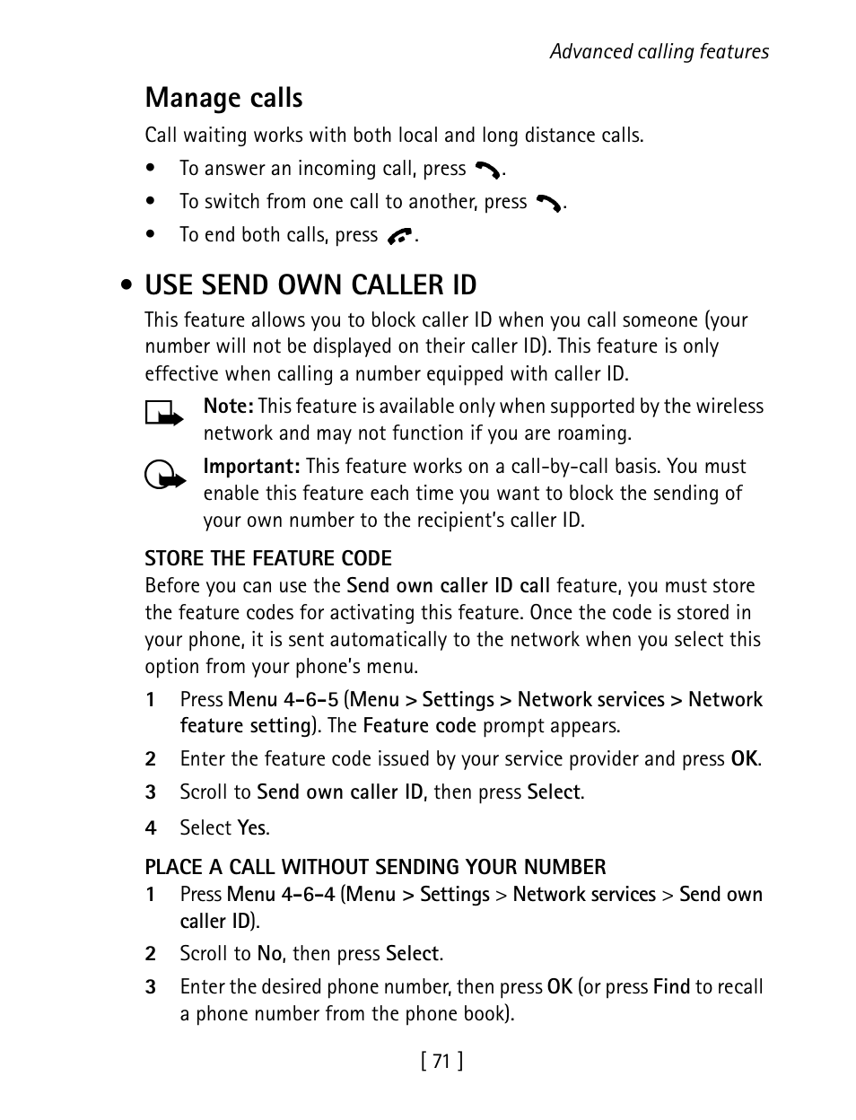 Use send own caller id, Manage calls | Nokia 1260 User Manual | Page 78 / 129