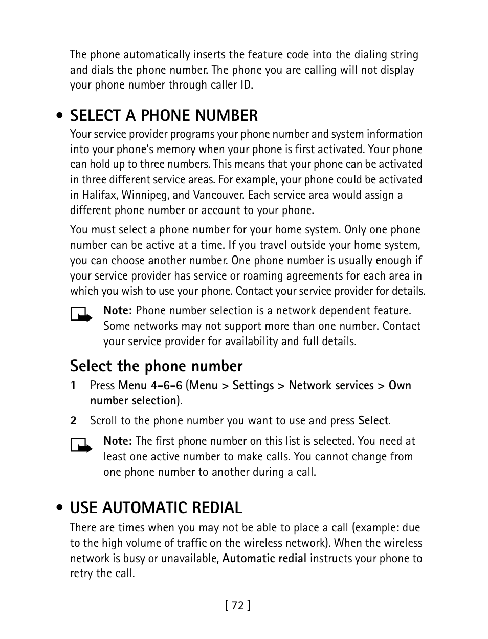 Select a phone number, Use automatic redial, Select the phone number | Nokia 1260 User Manual | Page 79 / 129