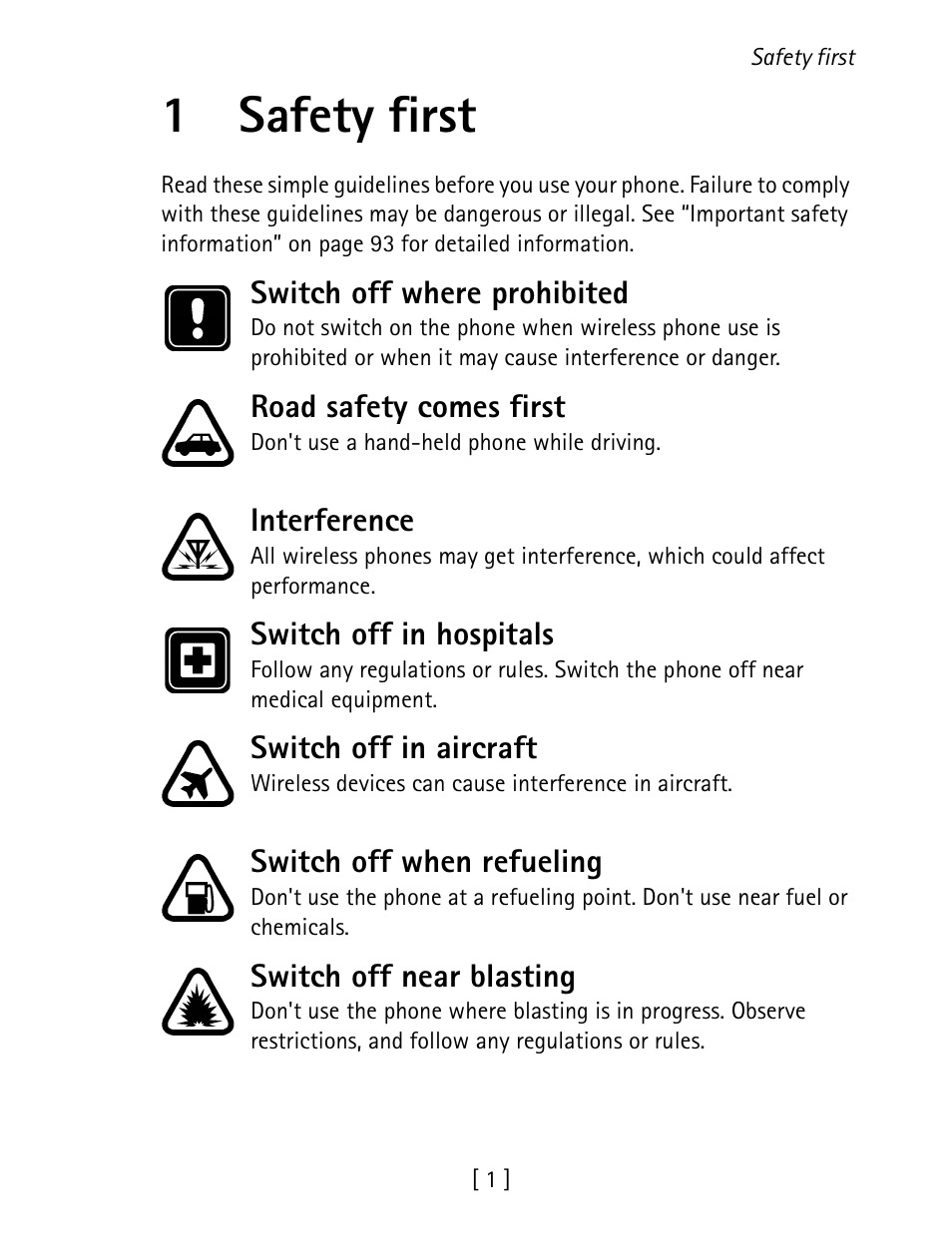 1 safety first, 1safety first | Nokia 1260 User Manual | Page 8 / 129