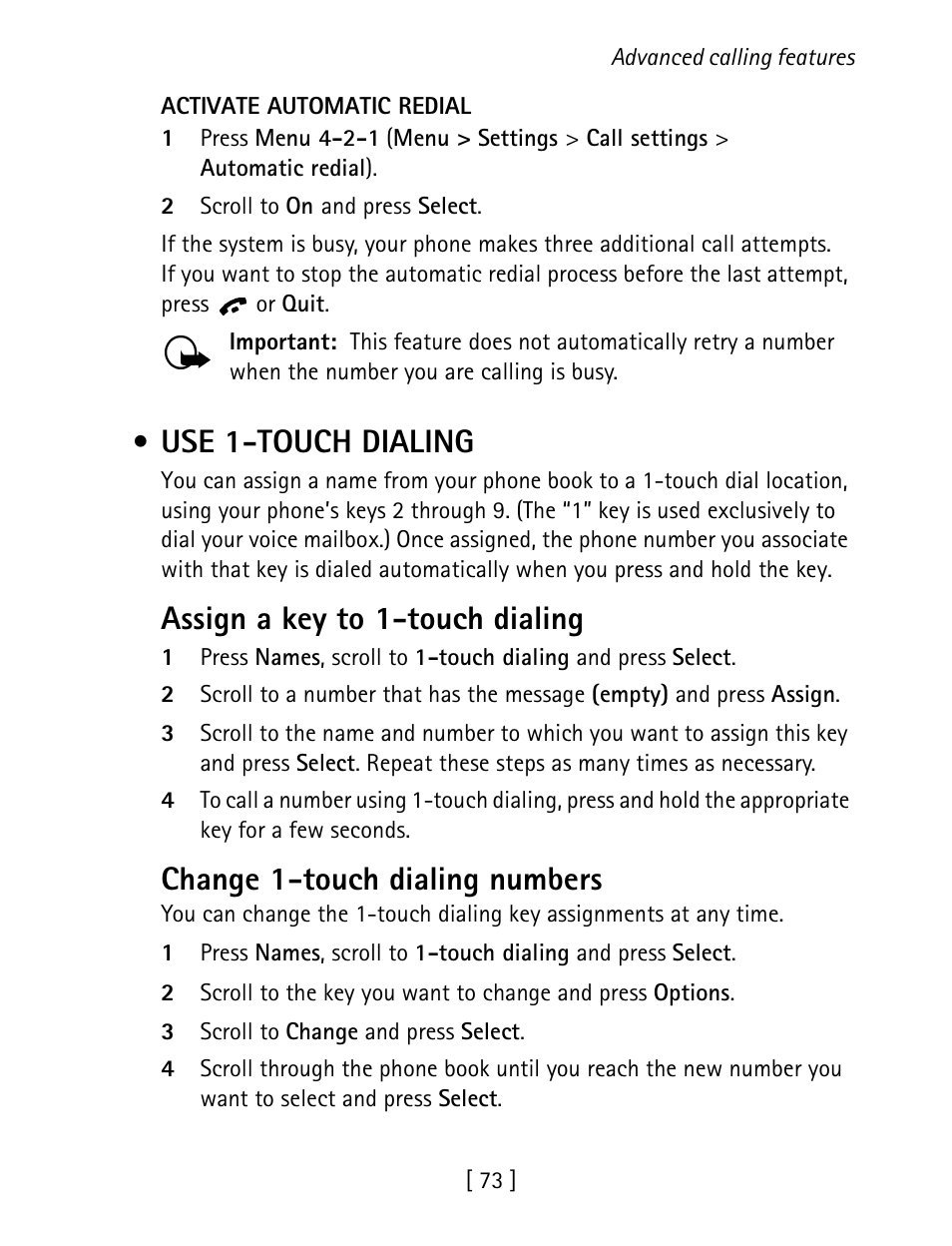 Use 1-touch dialing, Assign a key to 1-touch dialing, Change 1-touch dialing numbers | Nokia 1260 User Manual | Page 80 / 129