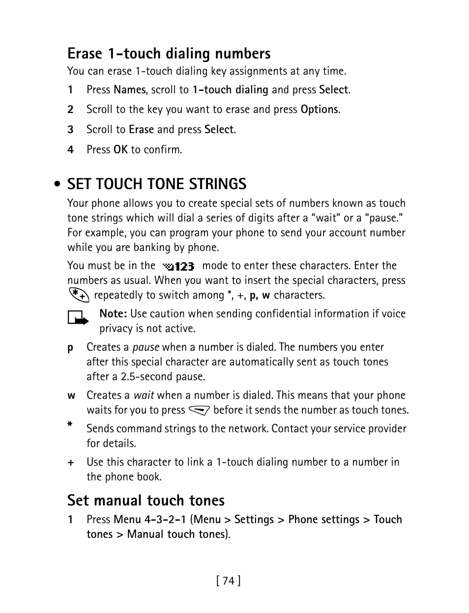 Set touch tone strings, Erase 1-touch dialing numbers, Set manual touch tones | Nokia 1260 User Manual | Page 81 / 129