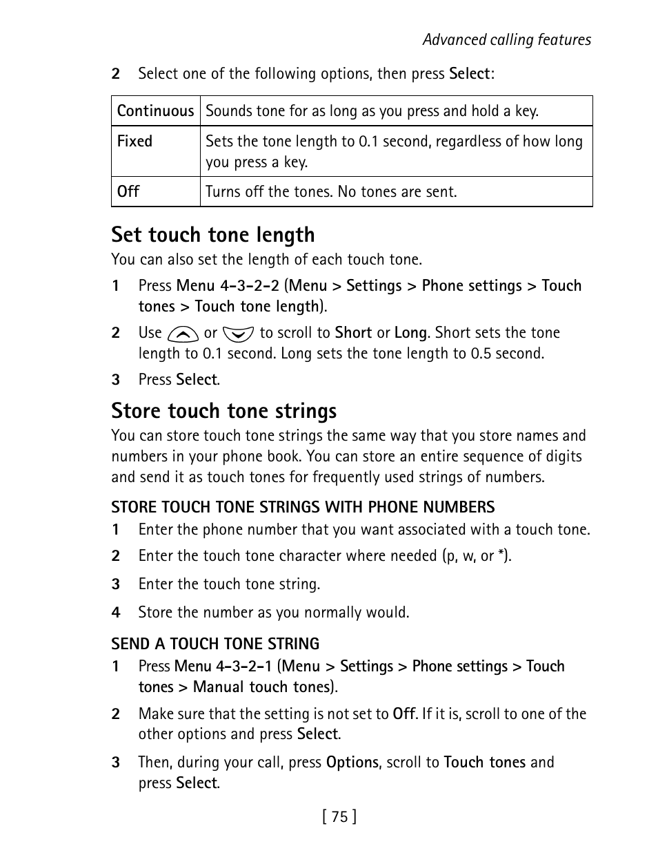 Set touch tone length, Store touch tone strings | Nokia 1260 User Manual | Page 82 / 129