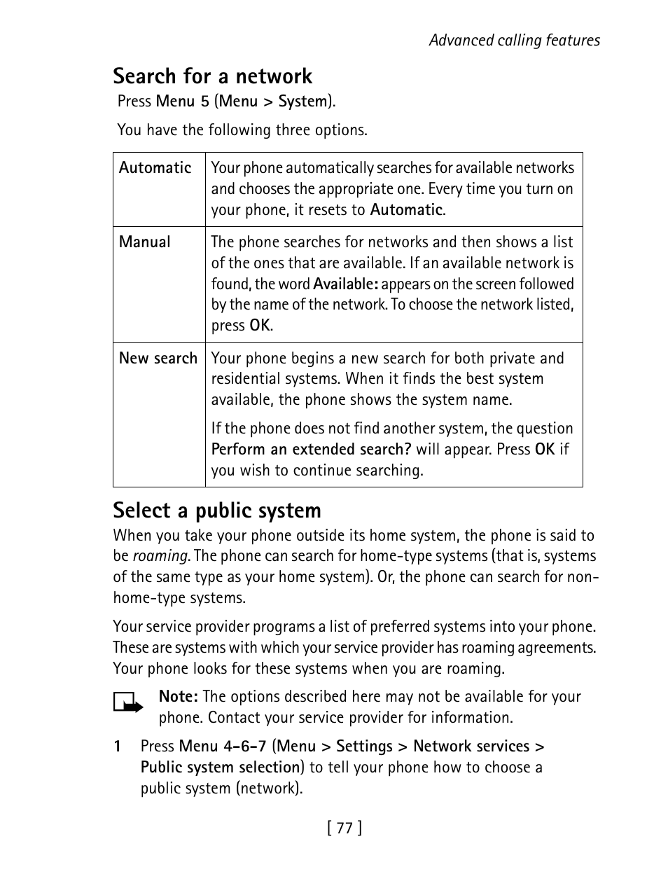 Search for a network, Select a public system | Nokia 1260 User Manual | Page 84 / 129