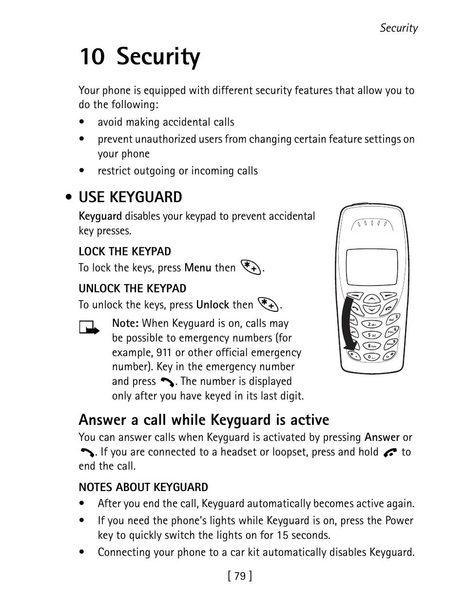 10 security, Use keyguard, Answer a call while keyguard is active | Nokia 1260 User Manual | Page 86 / 129