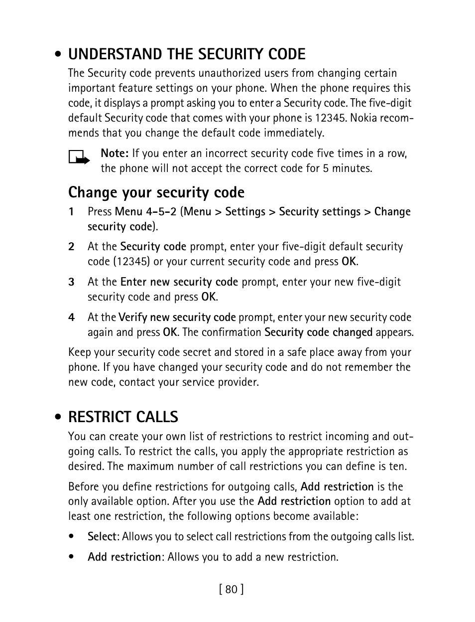 Understand the security code, Restrict calls, Change your security code | Nokia 1260 User Manual | Page 87 / 129