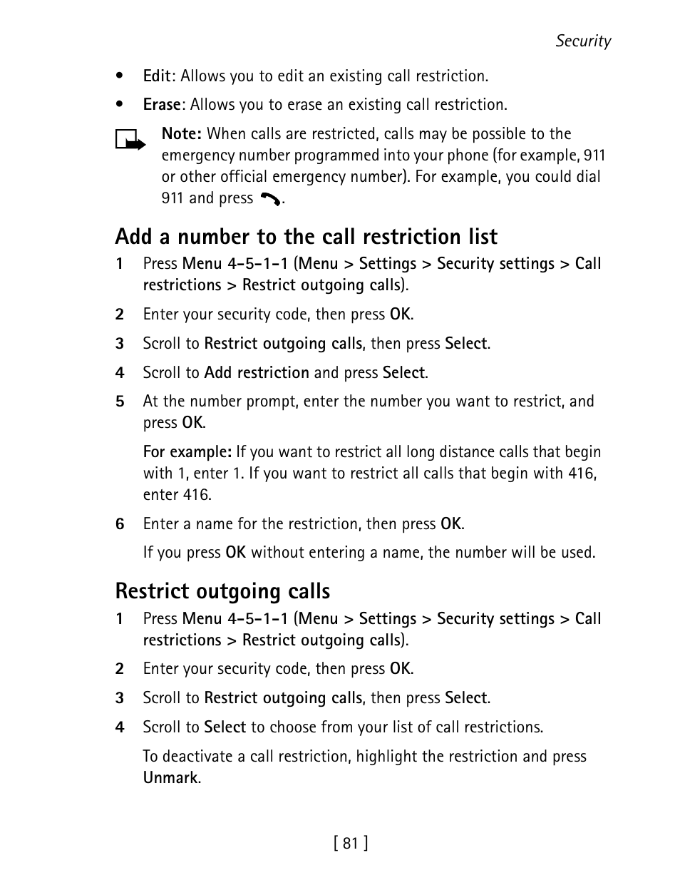 Add a number to the call restriction list, Restrict outgoing calls | Nokia 1260 User Manual | Page 88 / 129