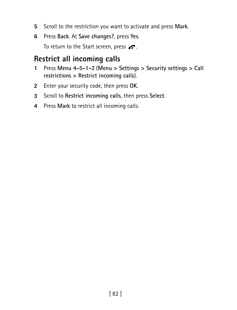 Restrict all incoming calls | Nokia 1260 User Manual | Page 89 / 129