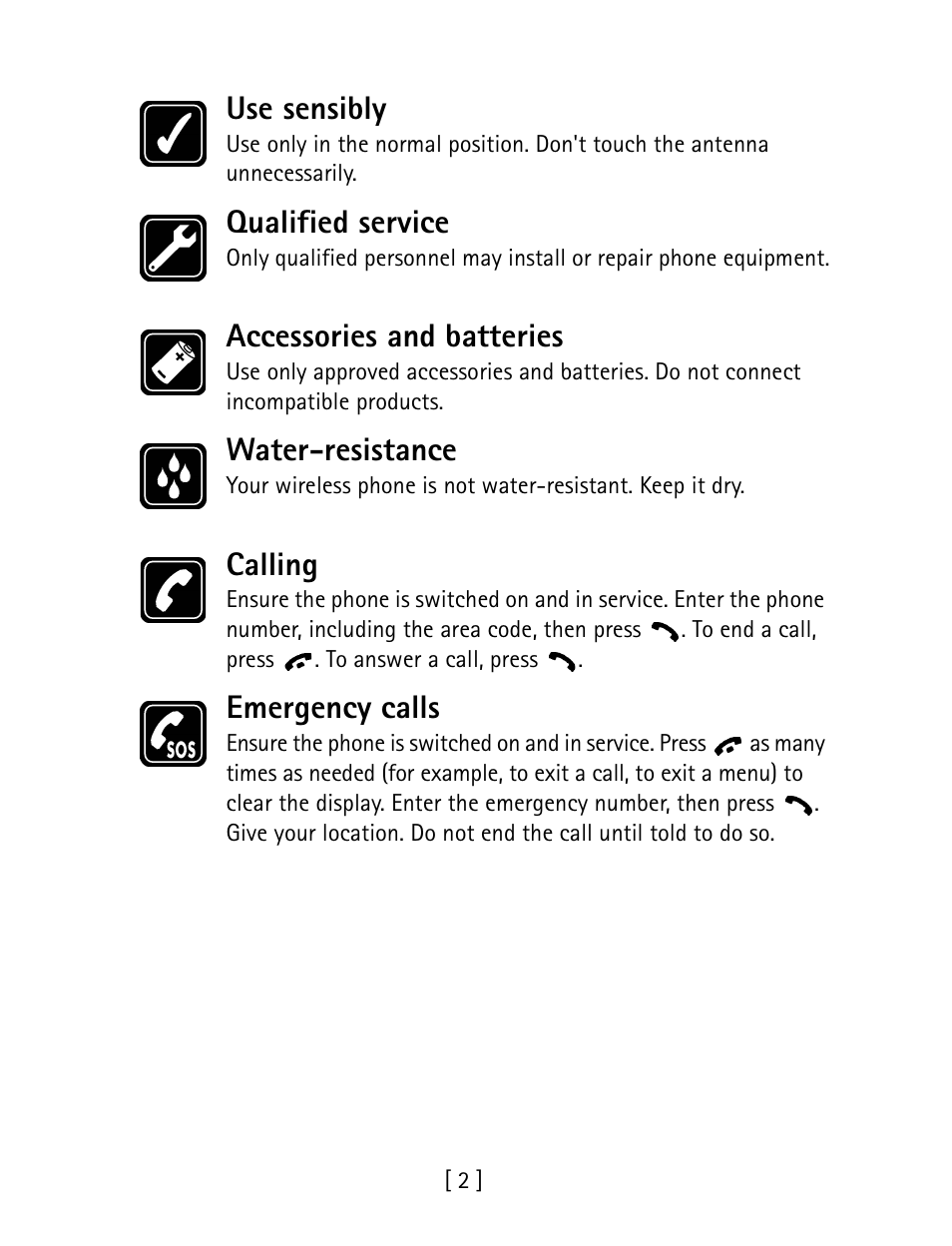 Use sensibly, Qualified service, Accessories and batteries | Water-resistance, Calling, Emergency calls | Nokia 1260 User Manual | Page 9 / 129