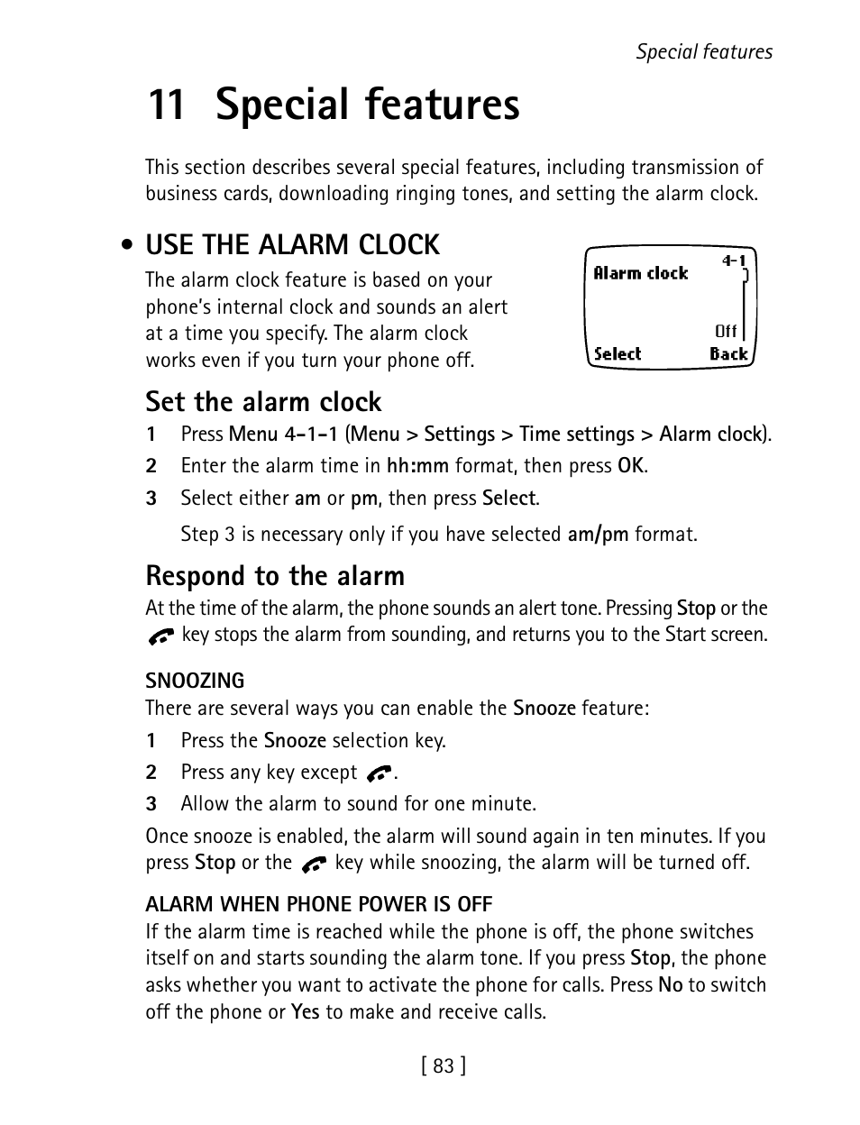 11 special features, Use the alarm clock, Set the alarm clock | Respond to the alarm | Nokia 1260 User Manual | Page 90 / 129