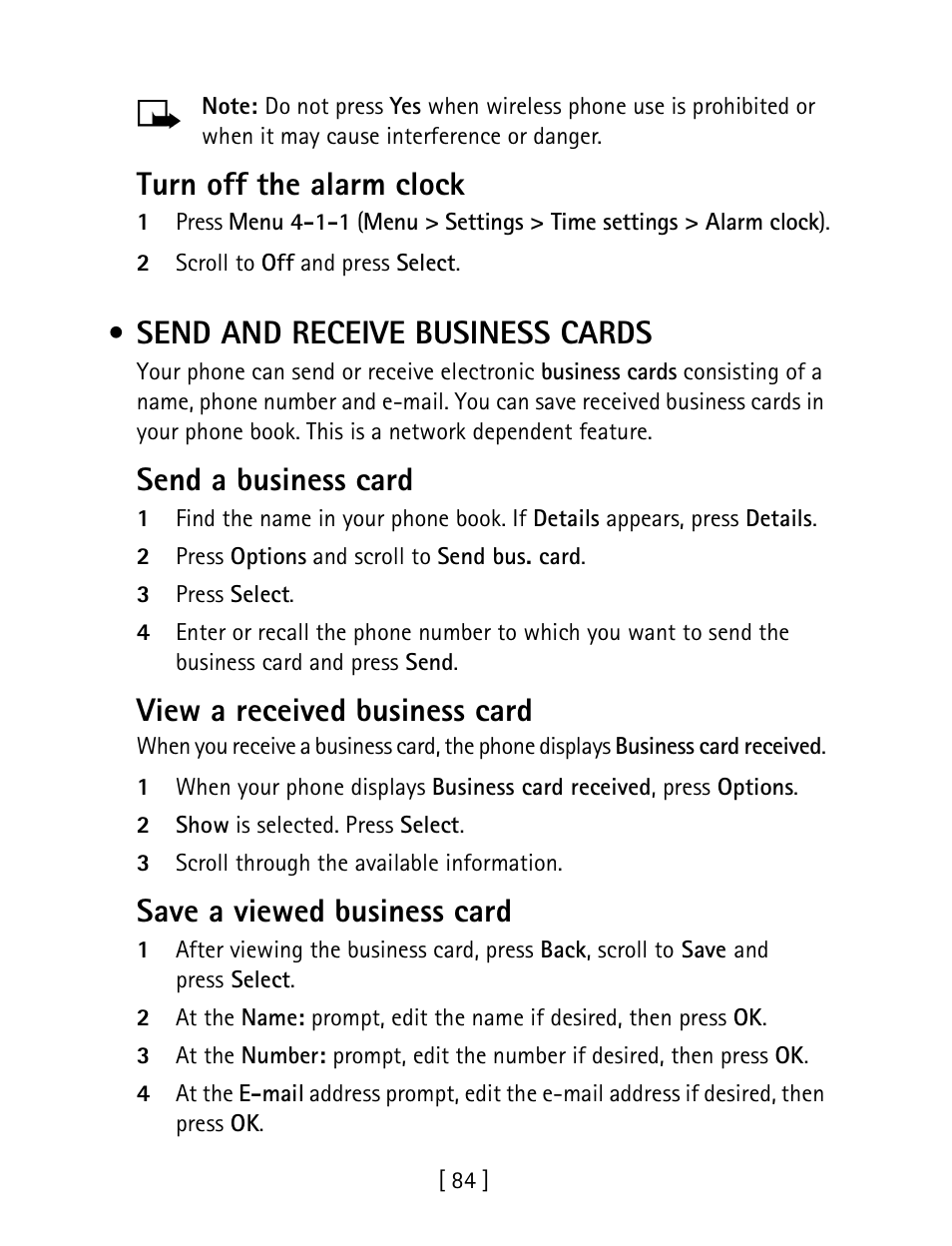 Send and receive business cards, Turn off the alarm clock, Send a business card | View a received business card, Save a viewed business card | Nokia 1260 User Manual | Page 91 / 129