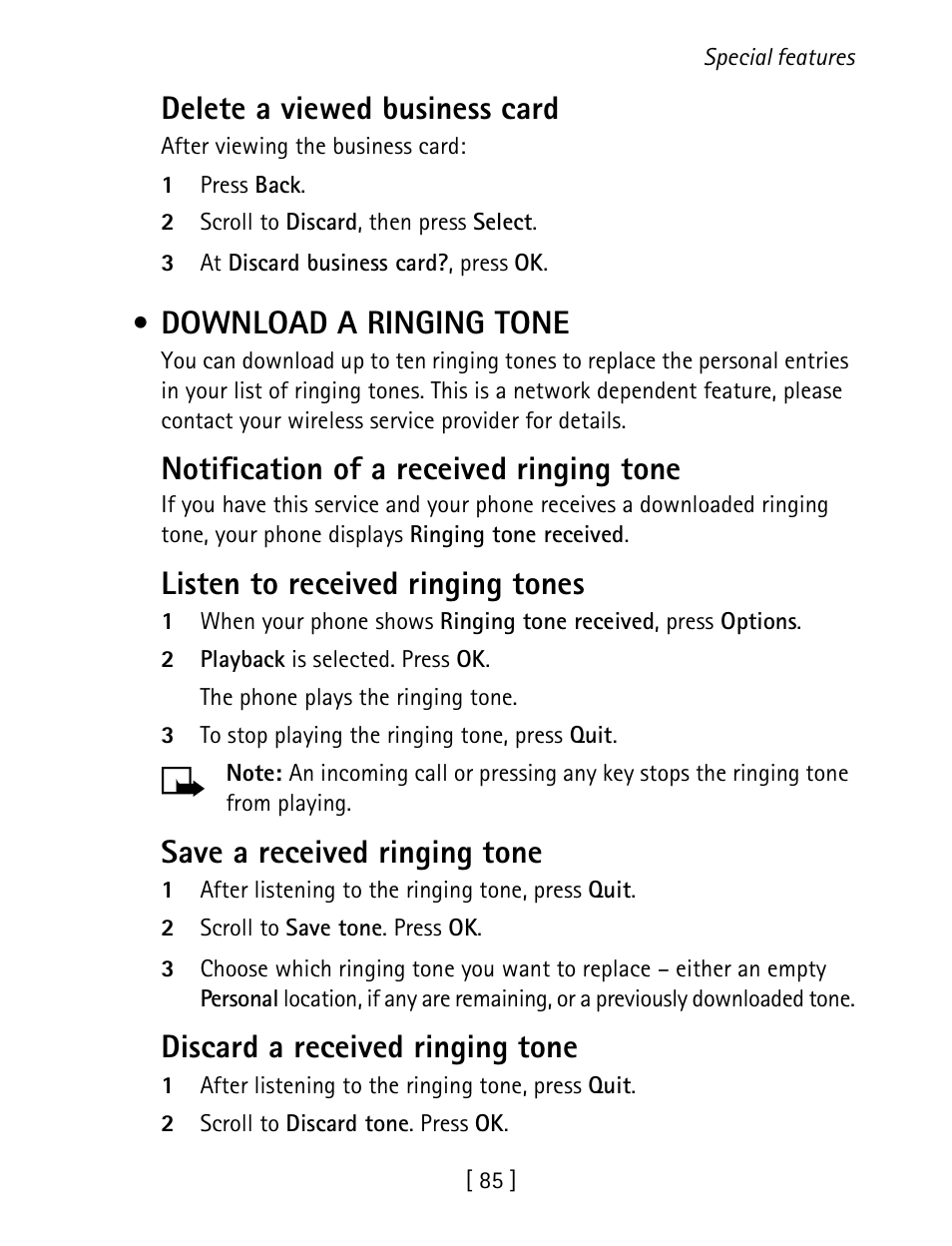 Download a ringing tone, Delete a viewed business card, Notification of a received ringing tone | Listen to received ringing tones, Save a received ringing tone, Discard a received ringing tone | Nokia 1260 User Manual | Page 92 / 129